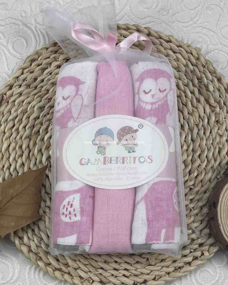 Juego 3 gasas  Buho Rosa