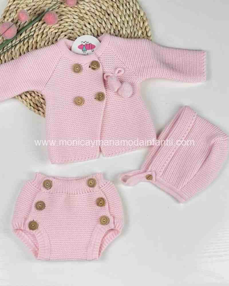 Conjunto 3 piezas boton madera rosa