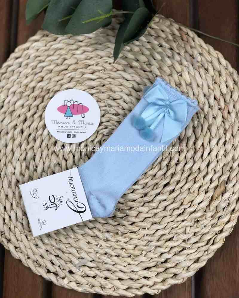 Calcetin alto borlon lazo celeste