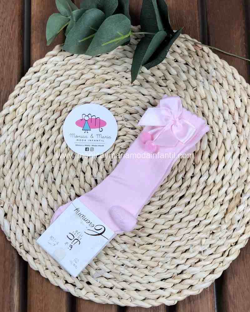 Calcetin alto borlon lazo rosa