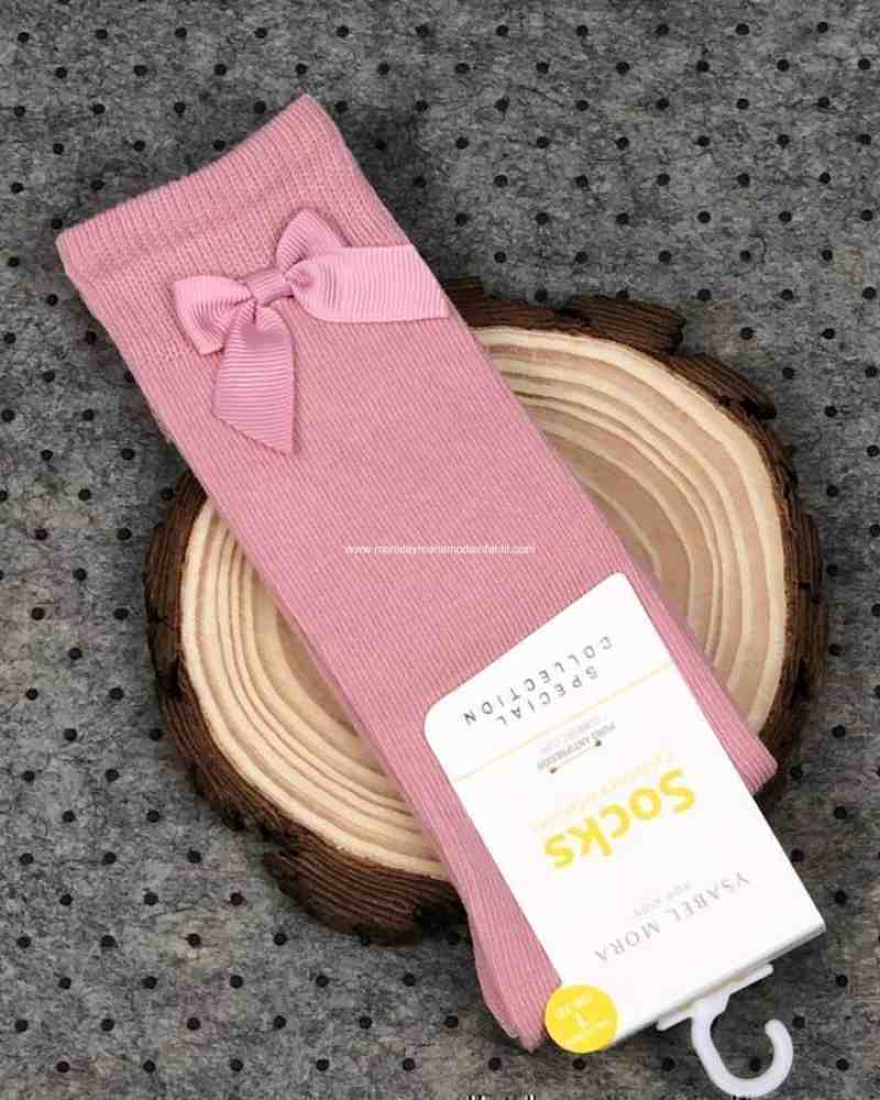 Calcetin Alto con Moña Rosa empolvado