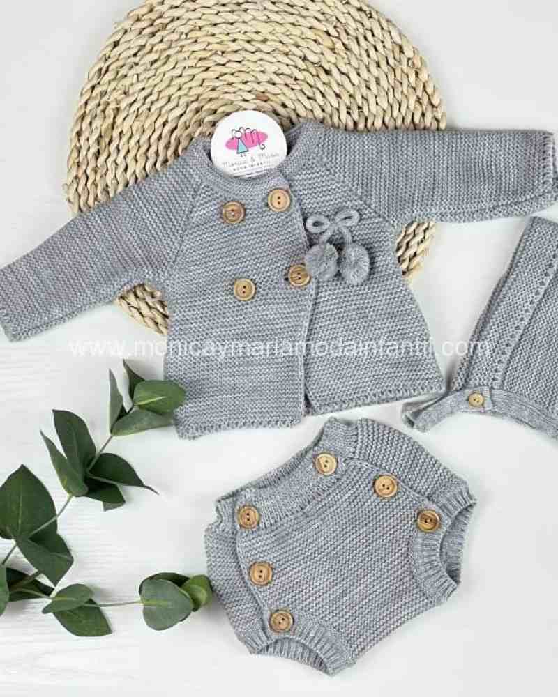 Conjunto 3 piezas boton madera gris