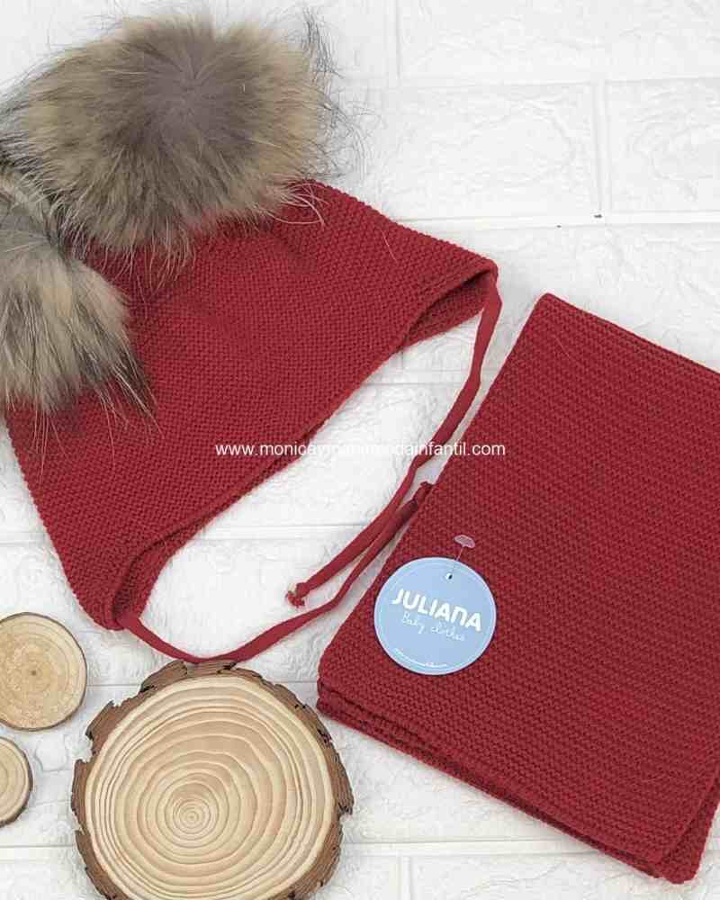 Bufanda lin 2 pompones pelo natural rioja burdeos