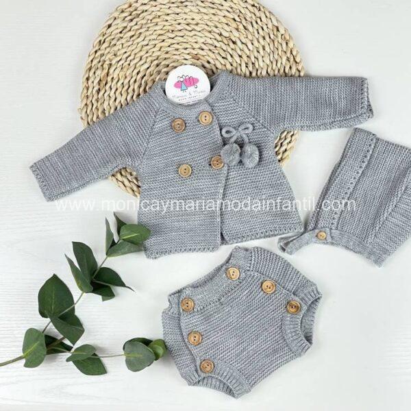 Conjunto 3 piezas boton madera gris