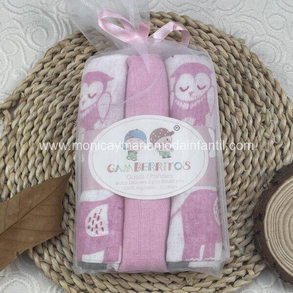 Juego 3 gasas  Buho Rosa
